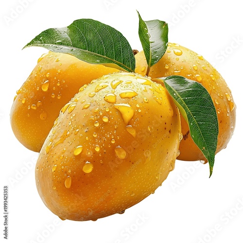Three mangoes with green leaves and water drops isolated on white background
