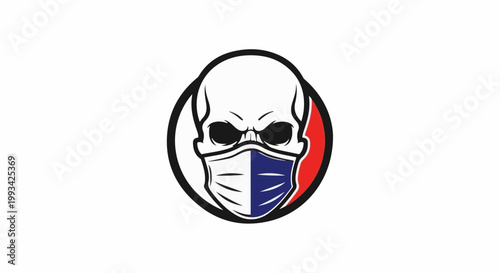 Skull wearing a protective mask with red and blue accents inside a circle