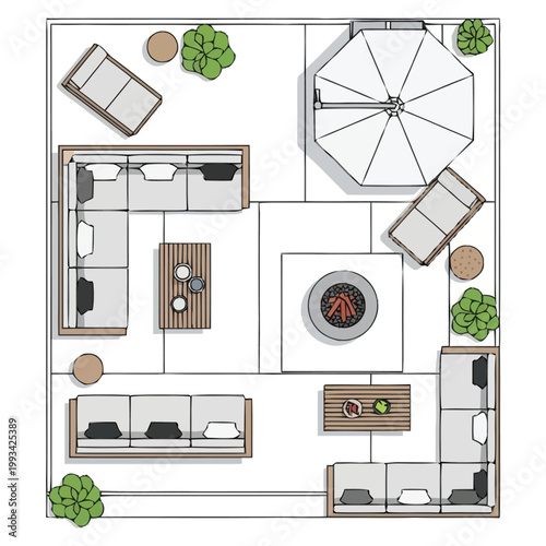 Aerial View of a Contemporary Outdoor Living Space Featuring Comfortable Seating a Fire Pit and a Large Umbrella for Shade Designing a Relaxing Patio Atmosphere for Homeowners and Event Planners