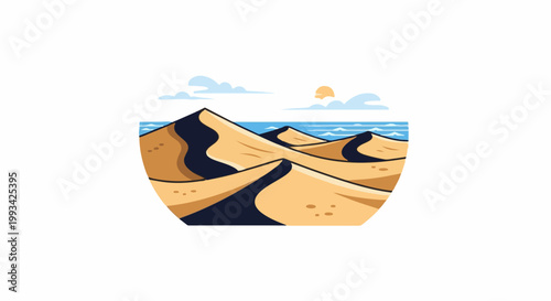 Stylized desert dunes meeting the ocean under a partly cloudy sky and sun