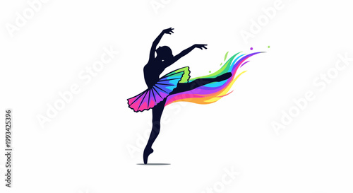 Silhouette of a ballerina in mid-pose, with a vibrant, rainbow-colored tutu and trailing fabric
