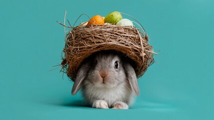 Gray rabbit with large straw nest on its head, decorated with colorful Easter eggs, against a solid turquoise background, showcasing a playful spring theme