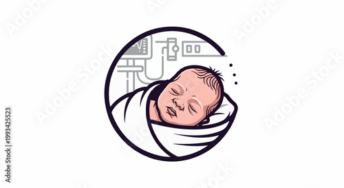 Sleeping infant wrapped in blanket, with medical equipment in the background