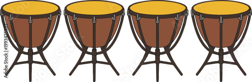 Simple illustration of four timpani drums arranged in a horizontal line with identical design flat minimalist vector style