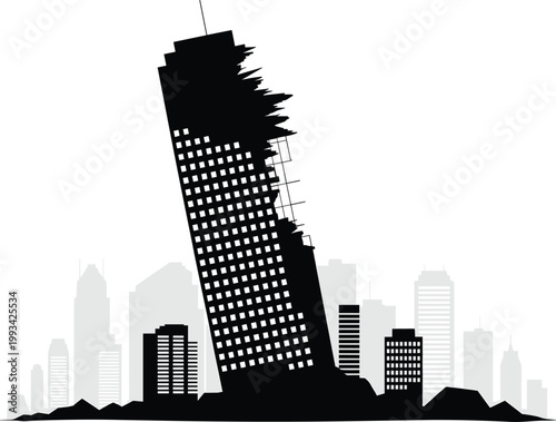 Collapsing skyscraper silhouette showing urban disaster destruction and damaged city building scene