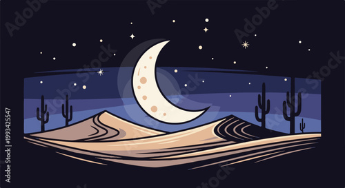Stylized desert landscape at night with a crescent moon and starry sky