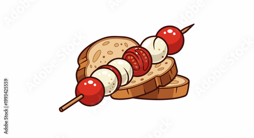 Slices of bread topped with a skewer of cherry tomatoes and mozzarella balls