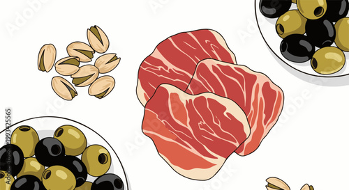 Slices of cured meat, pistachios, and bowls of black and green olives arranged on a white background
