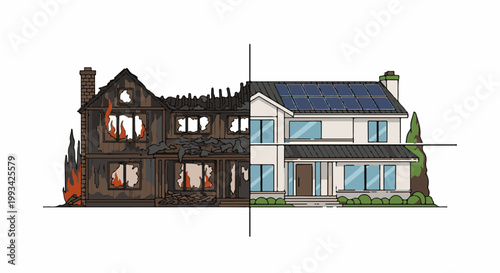 Side-by-side comparison of a burning house and a renovated home with solar panels