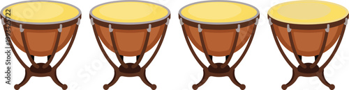 Simple illustration of four timpani drums arranged in a horizontal line with identical design flat minimalist vector style