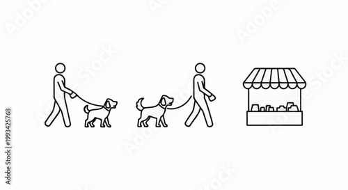 Simple line art depicts two people walking dogs and a market stall with products