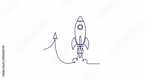 Simple line art of a rocket launching upwards with a rising arrow