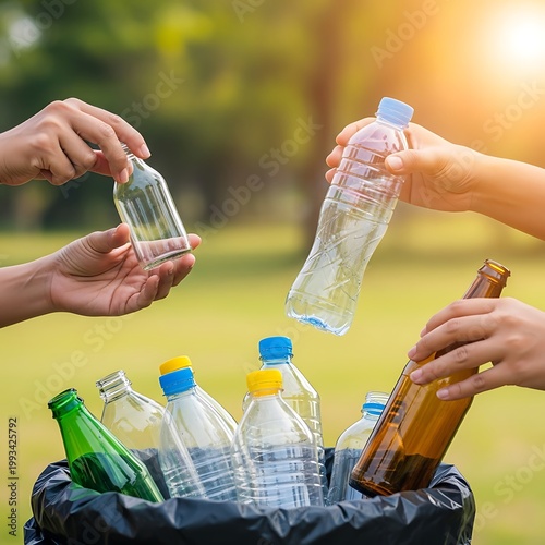 Hands putting plastic bottles into a recycling bin outdoors on a sunny day