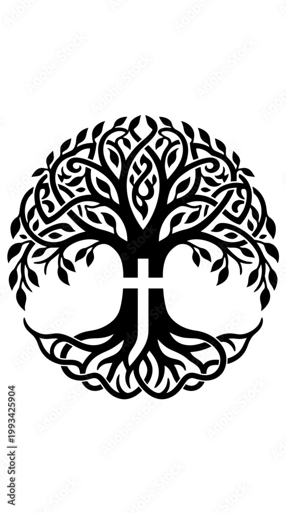Obraz premium A unique black and white image of a tree, incorporating a cross within its design, symbolizing life and faith. The intricately detailed branches create an eye-catching illustration