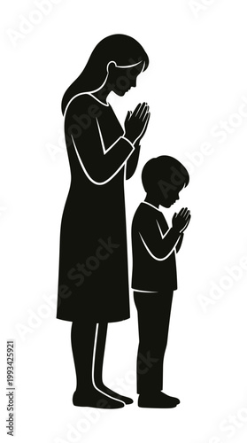 Silhouette of a mother and child in prayer, embodying devotion and faith. The black silhouette against the background creates a sense of reverence and contemplation.