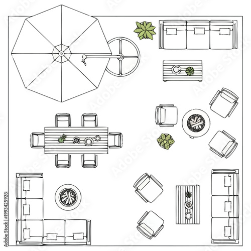 Overhead perspective drawing of an outdoor living space arrangement featuring comfortable seating and dining furniture a large sunshade and decorative greenery creating an inviting ambiance for