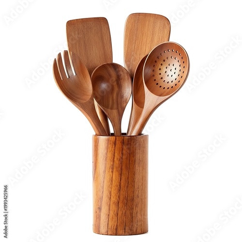 Wooden kitchen utensils in a matching holder isolated on white background