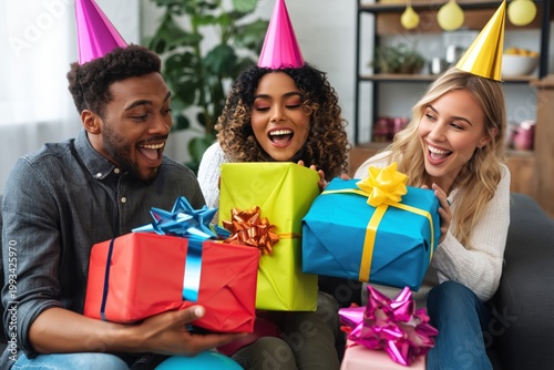 Friends Celebrate With Gifts During a Party at Home on a Special Occasion in ...