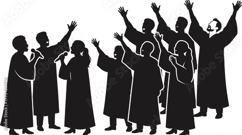 Silhouette of a choir raising their hands joyfully while singing
