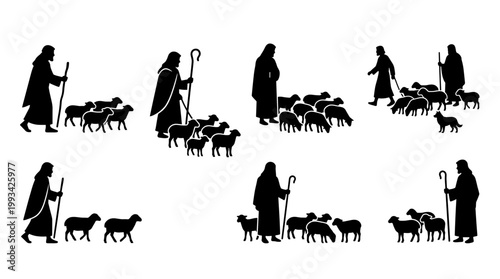 A silhouette of a shepherd guiding his sheep, demonstrating care and protection