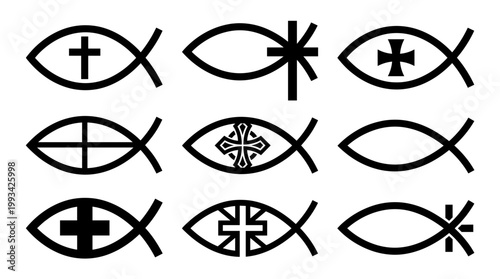 A collection of stylized fish icons, each featuring a cross inside, representing Christian faith and devotion. The image includes a variety of Christian fish symbols and crosses