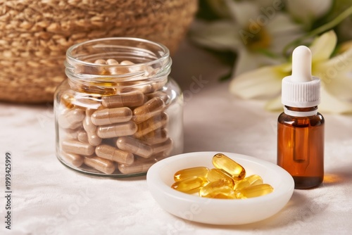 Natural Supplements on a White Surface With Capsules and Oil Dropper in Simpl...