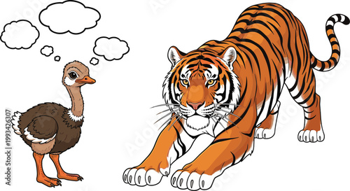 Cartoon tiger stalking prey and thinking ostrich bird illustration, wildlife predator concept with thought bubble, animal behavior educational vector design