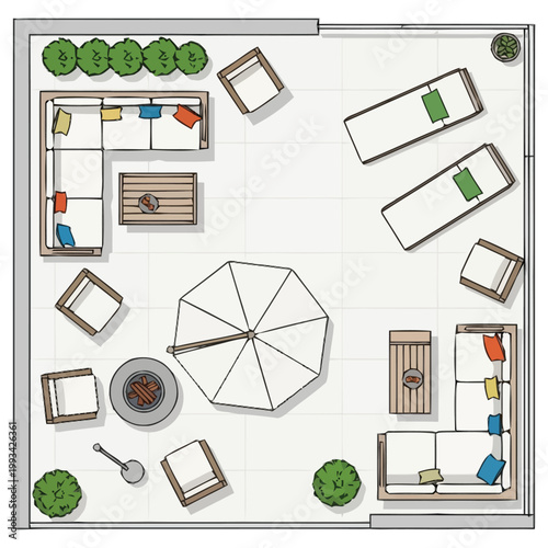 Discover a perfectly arranged outdoor living space featuring comfortable seating options including a sectional sofa arrangement with colorful cushions lounge chairs for relaxation a central fire