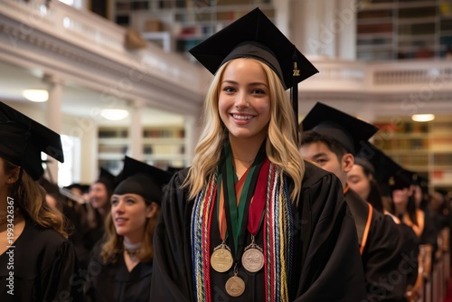 Graduate Stands in Library Wearing Gown and Medals During Graduation Ceremony
