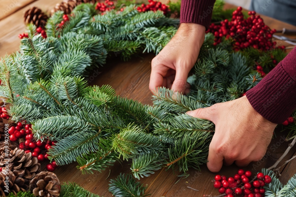 Fototapeta premium Creating a Festive Wreath With Pine Branches, Berries, and Cones During the Holiday Season