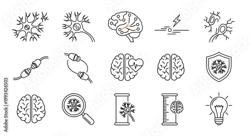 Collection of Brain and Neuron Icons representing Neuroscience, Medical Research, and Digital Technology Concepts