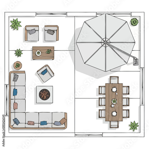 Aerial perspective shows a contemporary outdoor living area layout featuring a sectional sofa arrangement fire pit dining set and lounge seating with a large patio umbrella providing shade for