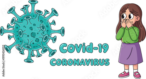 Cartoon coronavirus Covid-19 illustration with scared girl character, pandemic awareness concept showing virus cell and child fear reaction educational design