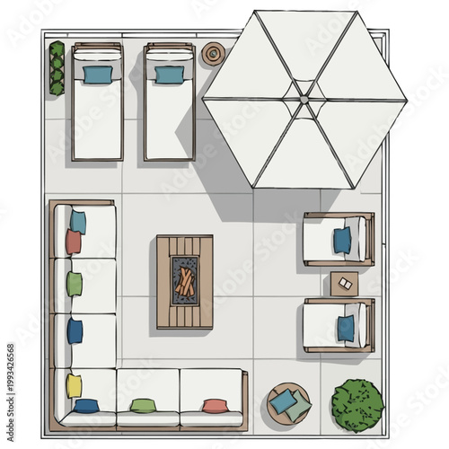 Aerial overhead view rendering of a luxury patio furniture arrangement featuring a large umbrella lounge chairs sectional sofa and outdoor fireplace perfect for relaxation and entertaining guest