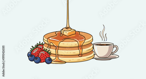 Stack of pancakes with syrup, butter, berries, and a steaming cup of coffee