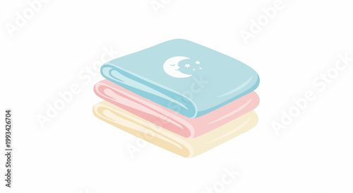 Stack of soft, pastel colored blankets with a crescent moon and stars motif