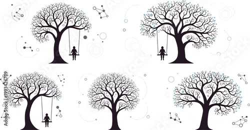 Set of Tree Silhouettes with Child on a Swing and Abstract Geometric Ornaments for Childhood Memories, Family, and Nature Conservation ConceptsSet of Tree Silhouettes with Child on a Swing 