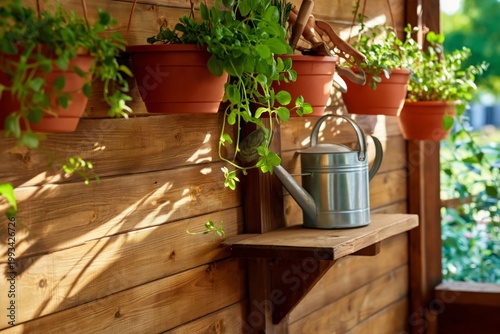 Indoor Garden With Potted Plants and Watering Can on Wooden Shelf