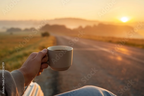 Morning Coffee on the Roadside While Watching the Sunrise in the Countryside