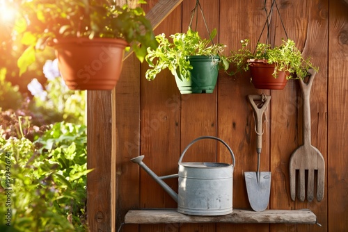 Indoor Garden With Potted Plants and Watering Can on Wooden Shelf