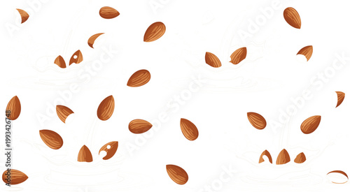 Almond Milk Splash Vector Set Featuring Realistic Brown Almonds Falling into Creamy White Liquid Ripples for Healthy Food and Beverage BrandingAlmond Milk Splash Vector Set Featuring 