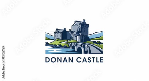 Stylized castle on a rocky island connected by a bridge to mainland, with water and hills