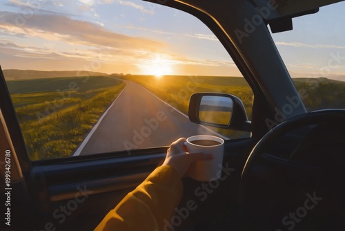 Morning Coffee on the Roadside While Watching the Sunrise in the Countryside