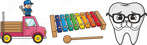 Cartoon mechanic on truck, colorful xylophone musical instrument and cute tooth character with glasses, kids educational objects collection illustration set