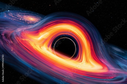 Black Hole Surrounded by Glowing Gas and Stars in Deep Space at Nighttime