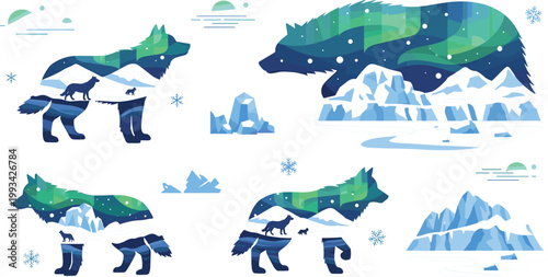 Arctic Wildlife Vector Silhouette Set Featuring Polar Bears and Wolves with Aurora Borealis Northern Lights, Icebergs, and Snowy Mountain Landscapes for 