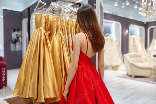 Woman in Red Dress Looks at Golden Gowns in Clothing Store in the Evening