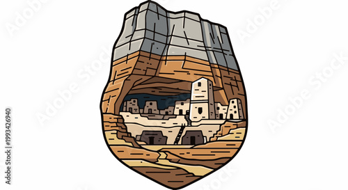 Stylized cave dwellings nestled within a rocky overhang