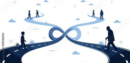 Conceptual Vector Illustration of Life Journey Cycle Showing Silhouettes of Child and Elderly Man Walking on Winding Roads Forming Infinity SymbolConceptual 
