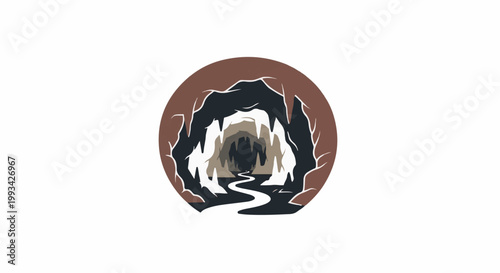 Stylized cave entrance with a winding path leading into darkness